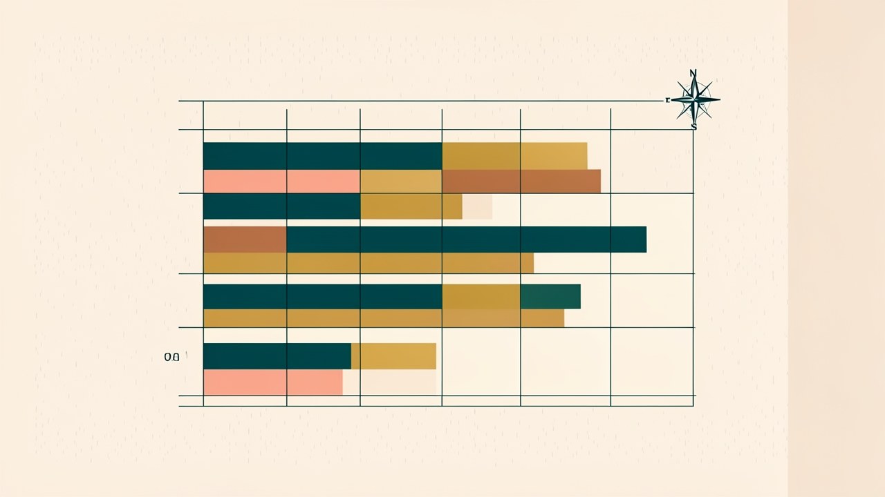 A table-like arrangement of geometric shapes and a small compass rose, representing structured rate data in a clean, visual style.
