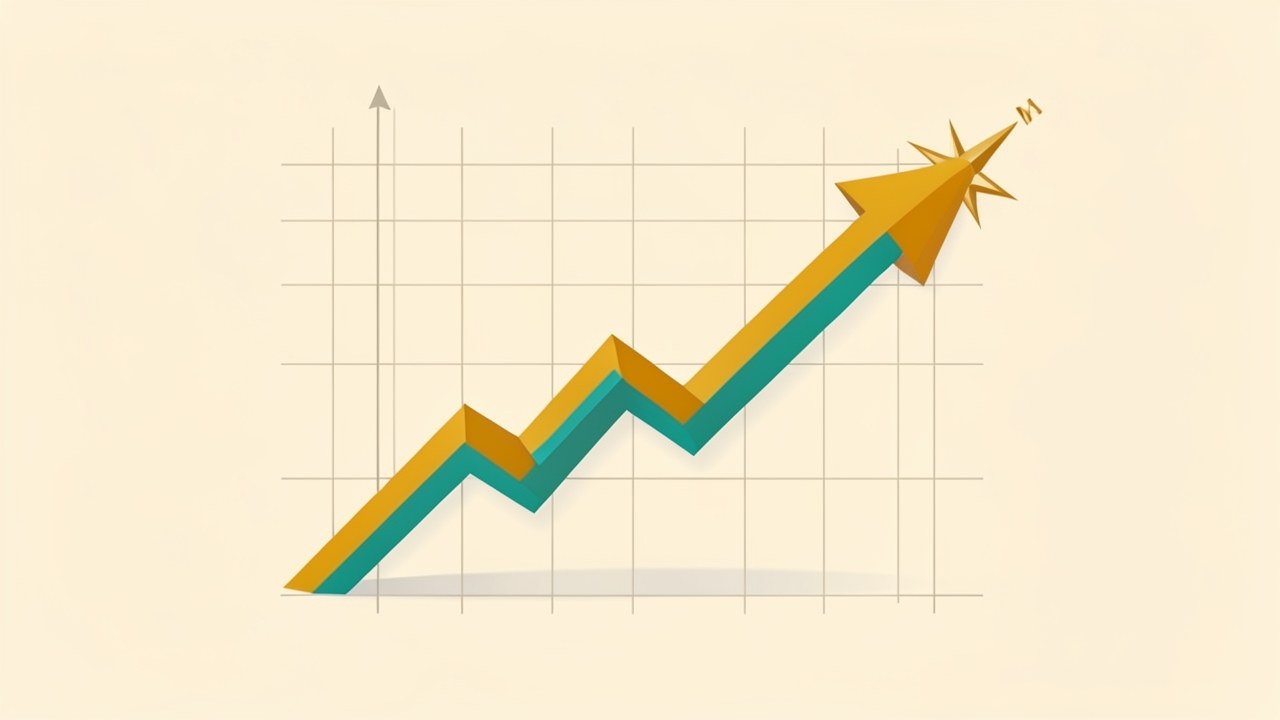 An upward trending line chart made of golden amber shapes on a teal background, with a compass rose overlay, suggesting improvement and progress.