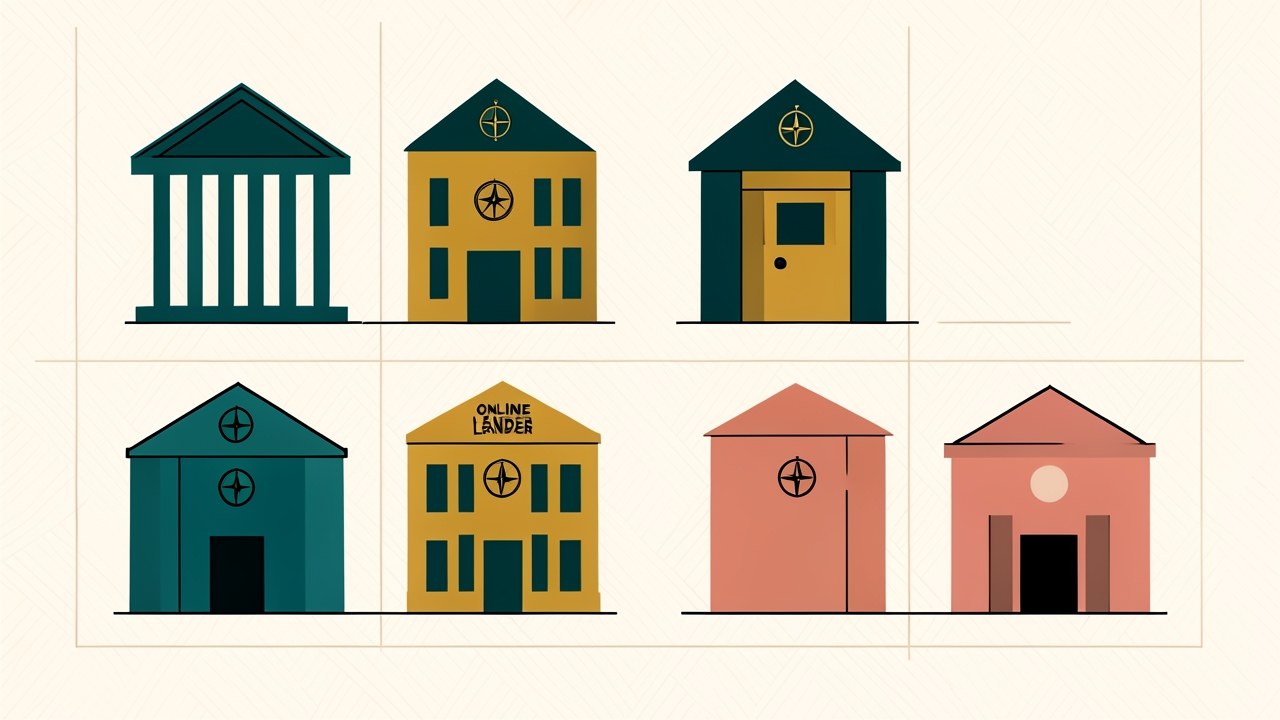 Four distinct geometric buildings representing different lender types, each with a small compass rose, on a warm off-white background.