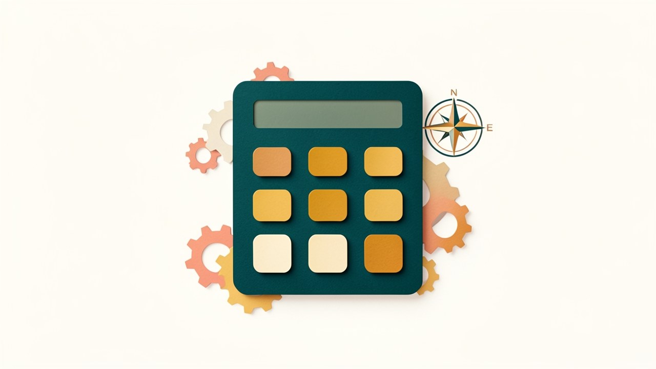 A simple calculator graphic with gears and a compass rose, representing calculation and financial mechanics in a clear, visual style.