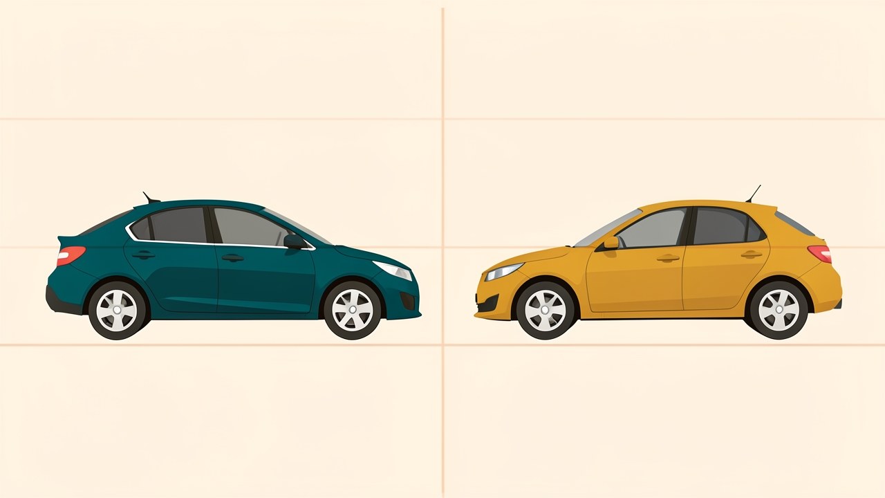 Two cars, one new and one used, placed side by side with a balanced scale between them, suggesting comparison and choice.