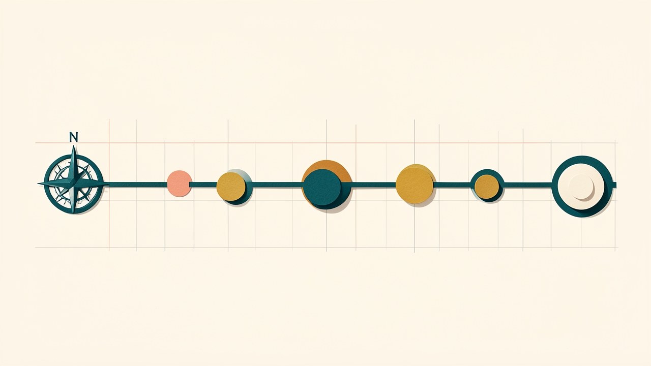 A timeline with abstract markers showing different loan durations, with a compass rose at one end, symbolizing time and choice.