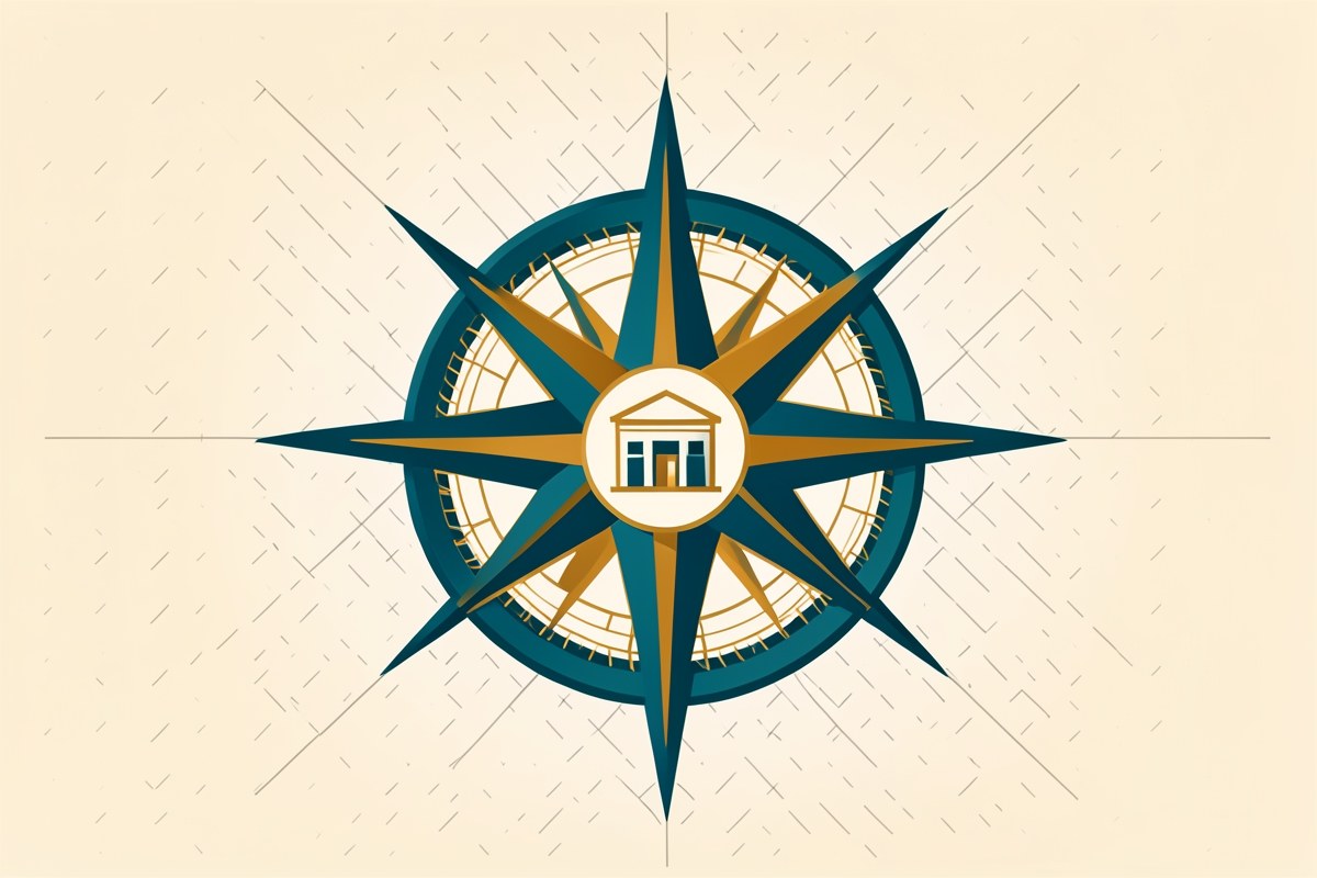 A stylized compass rose with a small building or house icon in the center, representing a trustworthy institution.