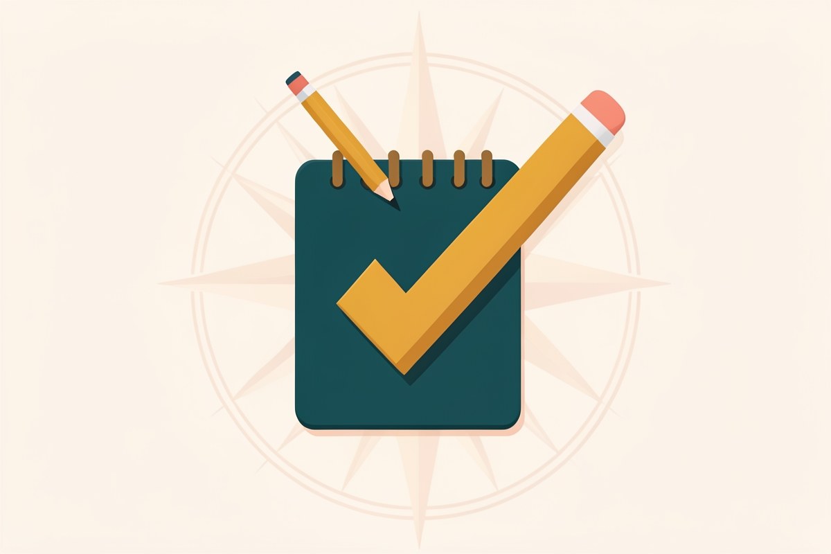 A small notepad with a pencil and a checkmark, symbolizing editorial review and accuracy, on a clean background.