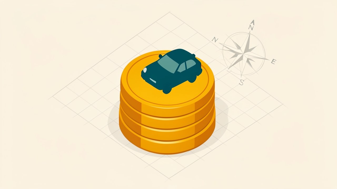 A stack of golden coins with a small car silhouette and a compass rose, representing saving for a car down payment.