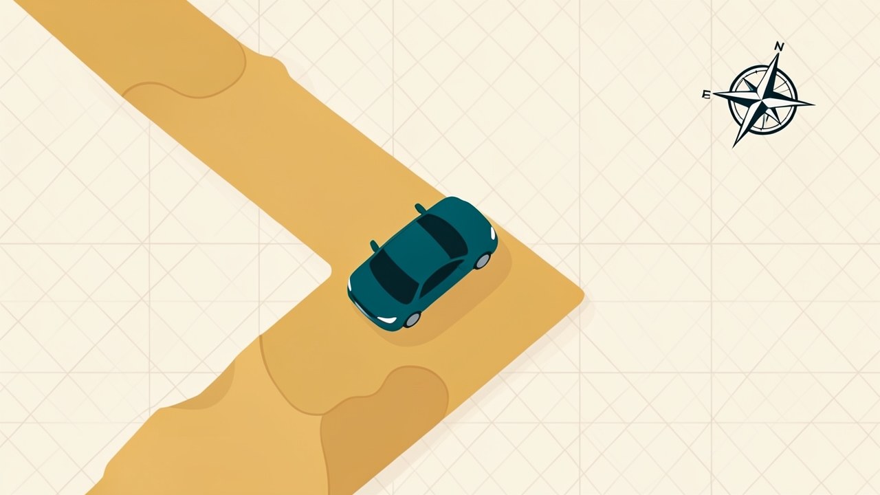 A car silhouette with a bumpy road line behind it, suggesting challenges and navigation, on a warm background.