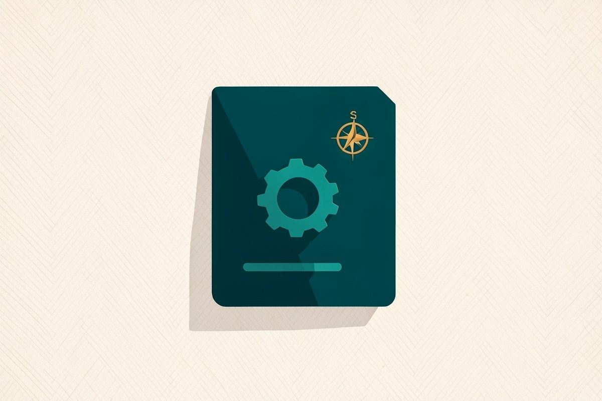 A stylized document with a gear and a compass rose, representing terms and guidelines, on a clean background.