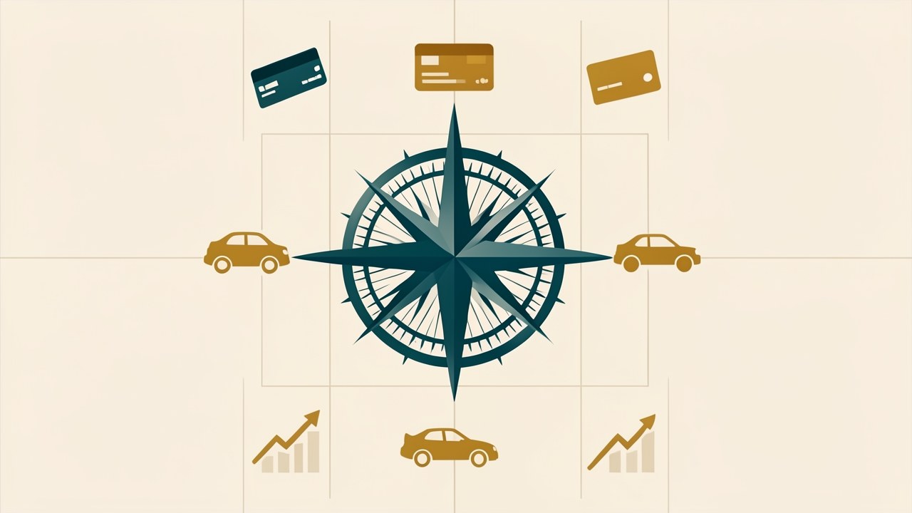 A large compass rose with icons around it representing different factors like credit score, vehicle type, and market, on a warm background.