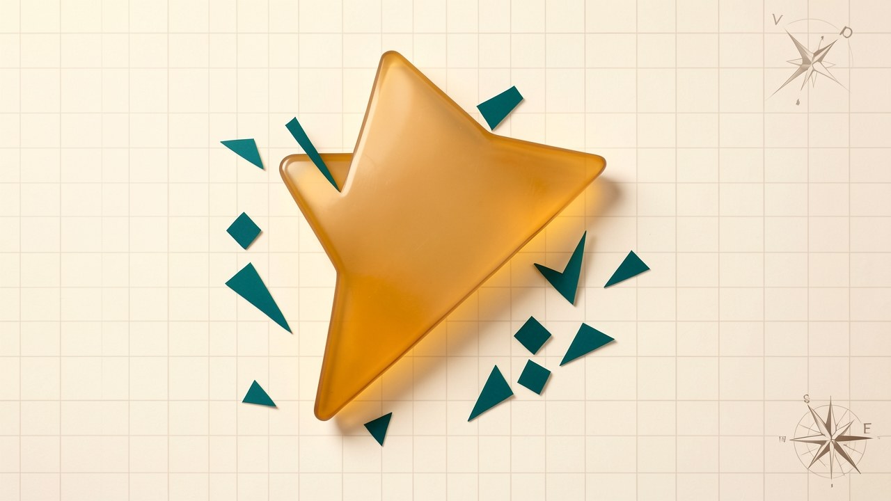 A downward arrow among geometric shapes, representing lowering payments, with a compass rose, on a clean background.