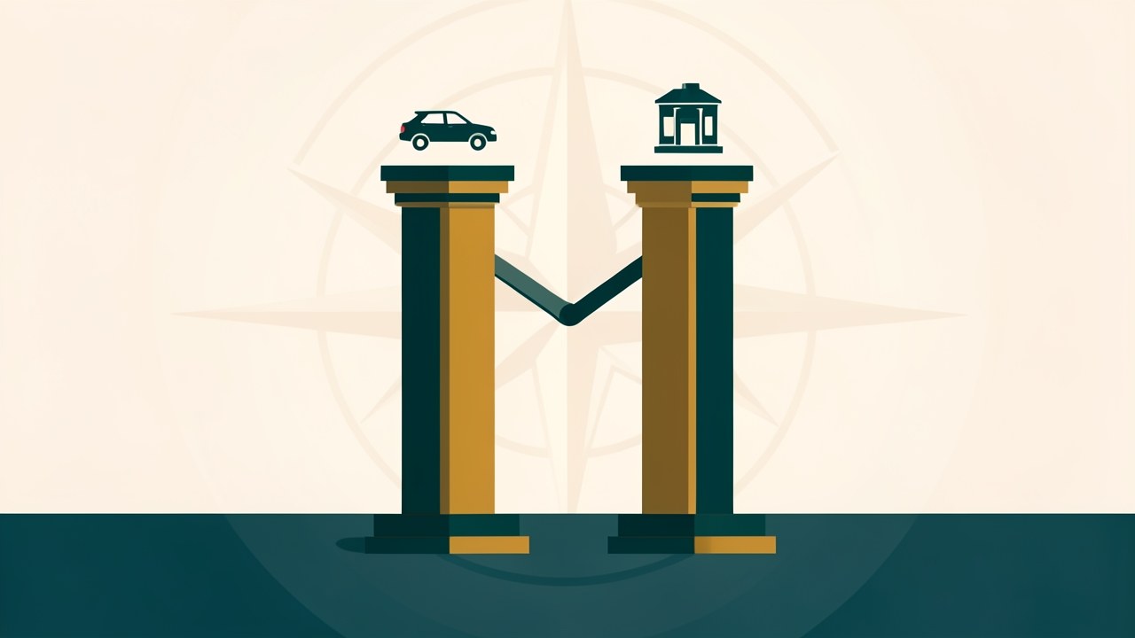 Two columns, one with a car and one with a building, connected by a balance, representing comparison between dealer and bank financing.